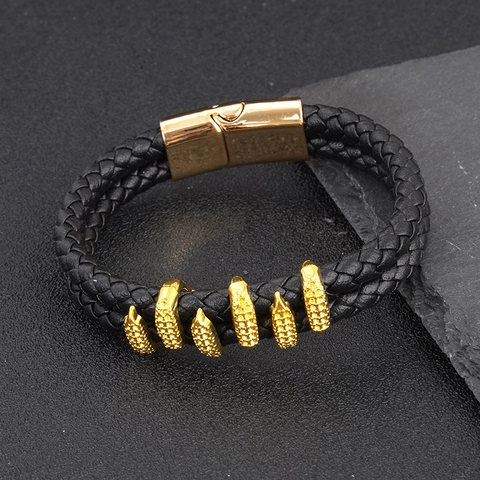 Pulsera Trenzada de Cuero de Vaca Vintage para Hombre Con Amuleto de Garra de Aleación y Hebilla Magnética Punk