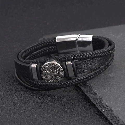 Pulsera de Hombre Vintage de Varias Capas Cuero PU Trenzado con Placa de Aleación Hebilla Magnética Acero Inoxidable