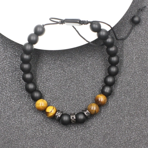 Bracciale in Pietra Occhio di Tigre Naturale Fatto a Mano per Uomo Donna Perline di Agata Nera Regolabili Micro Intarsiato Strass Gioielli