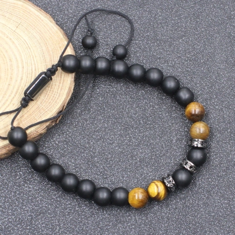 Bracciale in Pietra Occhio di Tigre Naturale Fatto a Mano per Uomo Donna Perline di Agata Nera Regolabili Micro Intarsiato Strass Gioielli