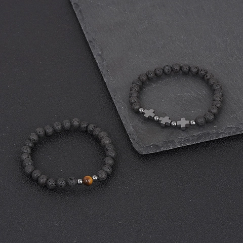 Lava Stone Tiger Eye Beaded Bracelet Combination With Silver Metal Cross Pendant Elastic Punk Street Jewelry Men Women