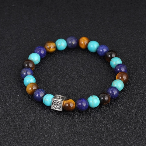 Pulsera de Cuentas de Piedra Natural Ojo de Tigre Lapislázuli Turquesa Om Cuenta de Aleación Cuadrada Yoga Meditación Hombre Mujer