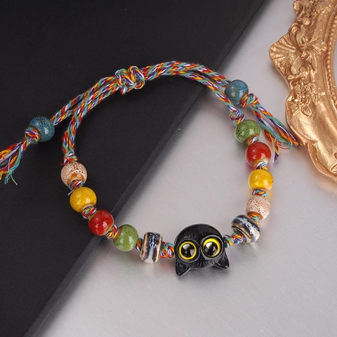 Handmade Colorful Woven Cord Bracelet With Ceramic Beads And Cute Black Cat Pendant Adjustable Jewelry For Women Girls