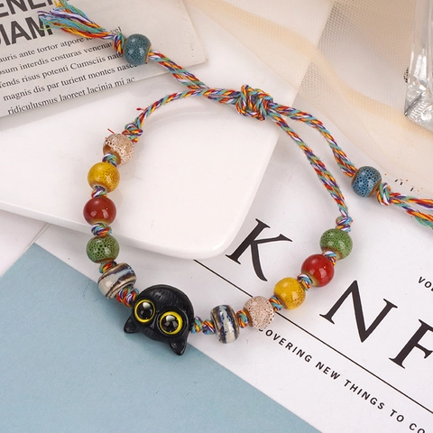 Handmade Colorful Woven Cord Bracelet With Ceramic Beads And Cute Black Cat Pendant Adjustable Jewelry For Women Girls