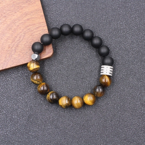 Natural Stone Bead Bracelet For Men Stainless Steel Spacers Tiger Eye Obsidian Volcanic Lava Stone Elastic Stretch Bracelet Punk Jewelry