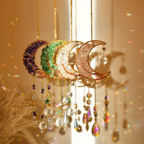 Handmade Moon Tree of Life Suncatcher Natural Crystal Stones Hanging Ornament For Garden Home Window Decor Gold Metal Prism