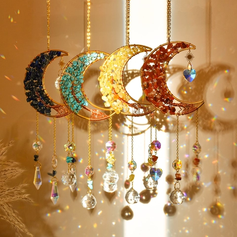 Handmade Moon Tree of Life Suncatcher Natural Crystal Stones Hanging Ornament For Garden Home Window Decor Gold Metal Prism
