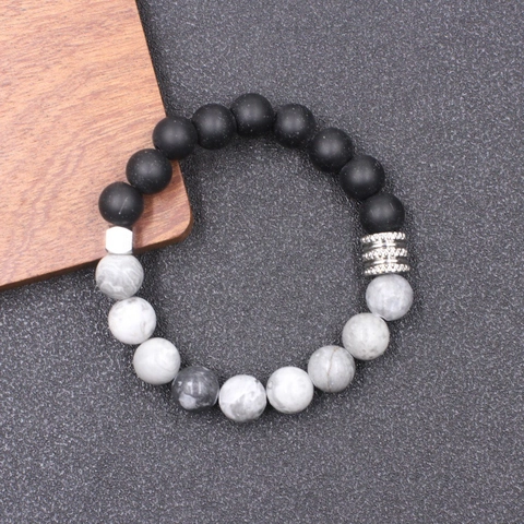 Natural Stone Bead Bracelet For Men Stainless Steel Spacers Tiger Eye Obsidian Volcanic Lava Stone Elastic Stretch Bracelet Punk Jewelry