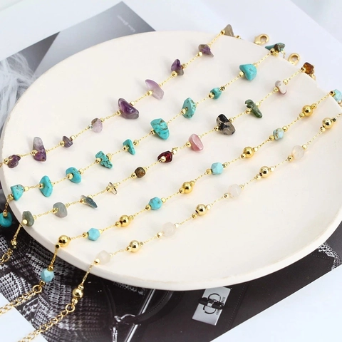 Bohemian Handmade Copper Bracelet With Natural Crushed Stone Irregular Chips Gold Chain Adjustable Jewelry For Women Travel Gift