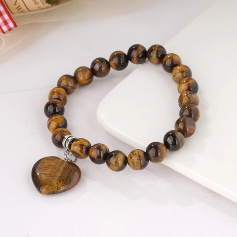 Natural Stone Beaded Bracelet With Heart Shaped Gemstone Pendant Elastic Stretch Healing Energy Bracelet For Women Fashion Jewelry