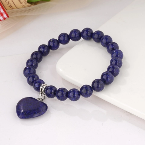 Natural Stone Beaded Bracelet With Heart Shaped Gemstone Pendant Elastic Stretch Healing Energy Bracelet For Women Fashion Jewelry
