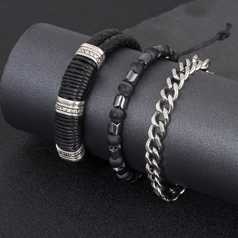 Vintage Herren Armband Set Schwarz Geflochtenes Leder Edelstahl Panzerkette Hämatit Glasperlen Punk Mehrlagiger Handschmuck