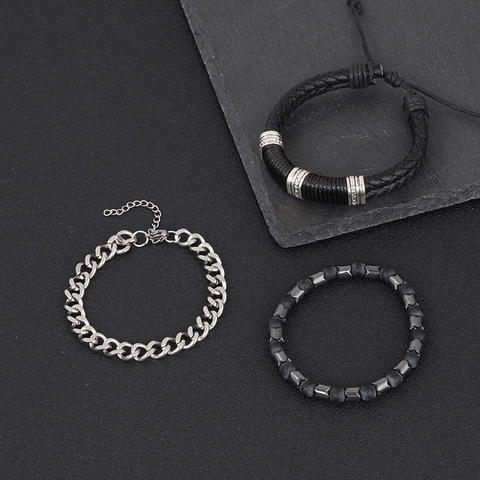 Vintage Herren Armband Set Schwarz Geflochtenes Leder Edelstahl Panzerkette Hämatit Glasperlen Punk Mehrlagiger Handschmuck