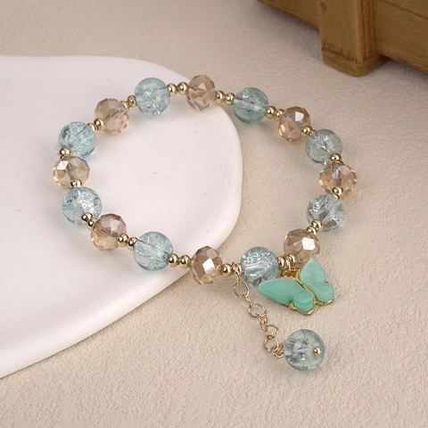 Handmade Synthetic Crystal Crackle Bead Butterfly Charm Bracelet For Girls Kids Electroplated Alloy Jewelry Birthday Gift