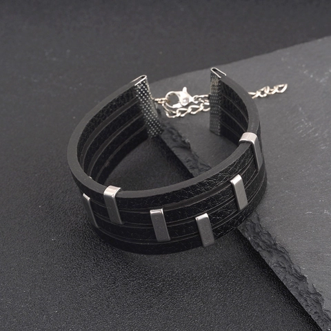 Pulsera de Cuero Negro Multicapa Punk para Hombre Mujer Tachuelas de Aleación Plata Hecha a Mano Ajustable Joyería Regalo