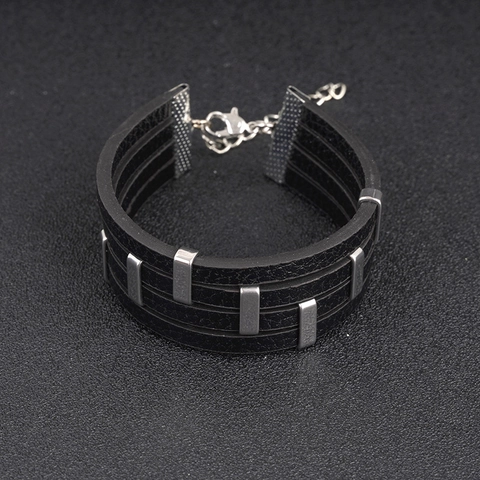 Pulsera de Cuero Negro Multicapa Punk para Hombre Mujer Tachuelas de Aleación Plata Hecha a Mano Ajustable Joyería Regalo
