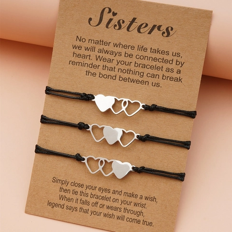 Edelstahl Herz Gewebtes Armband Set Für Schwestern Freundschaft Wünschen Handgewebtes Wachsschnur Verstellbares Armband Schmuck Geschenk