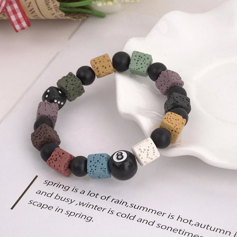 Unisex Vulkanstein Perlenarmband Legierung 8-Ball Würfel Anhänger Personalisierter Hip Hop Streetwear Elastischer Handschmuck
