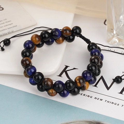 Natural Stone Triple Layer Bracelet Tiger Eye Obsidian Hematite Lava Beads Handmade Braided Adjustable Rope Jewelry Gift