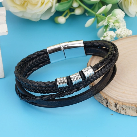 Vintage Men Multilayer Braided Leather Rope Bracelet With Alloy Magnetic Clasp Black Punk Handwoven Jewelry For Men Casual