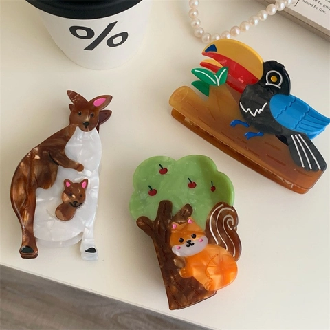 Pinza per Capelli in Acetato Animale Creativo Grande Motivo Canguro Scoiattolo Picchio Clip Tartarugate per Accessori Capelli Donna