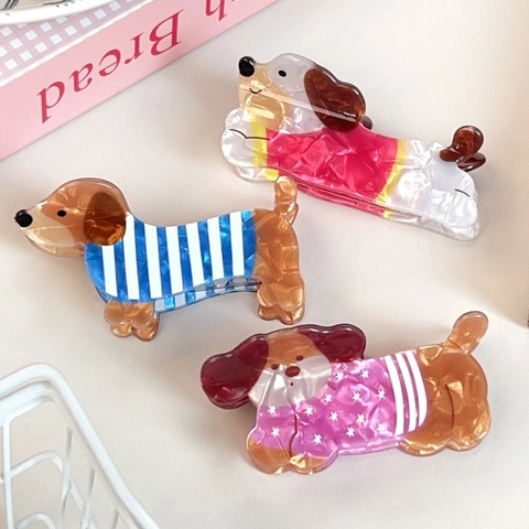 Simpatica Pinza per Capelli a Forma di Bassotto per Donna Ragazza PVC Cartone Animato Animale Fermaglio per Capelli a Righe Colorate