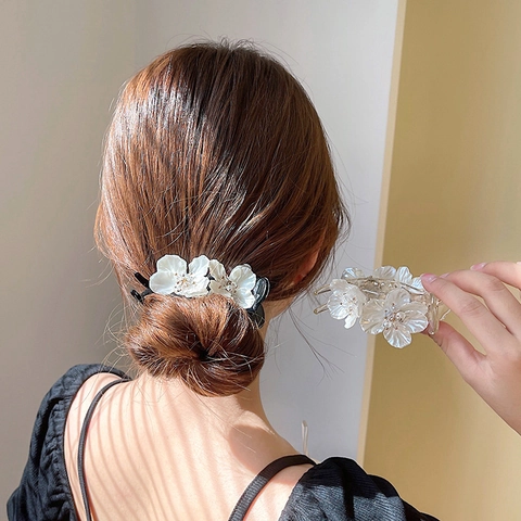 Molla per Capelli a Forma di Fiore Fatta a Mano Stile Coreano Resina Perle Artificiali Strass per Chignon Coda di Cavallo Donna Accessori