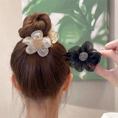 Pinza per Capelli a Forma di Fiore di Camelia in Organza Elegante Grande Strass Clip a Squalo Accessorio per Capelli Donna