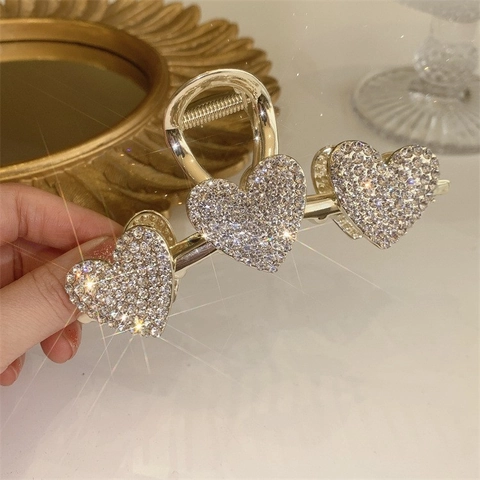 Grande Pinza per Capelli in Lega Dorata a Cuore Con Strass Perla Artificial Elegante Shark Clip Moda Accessori per Capelli Donna Gioielli