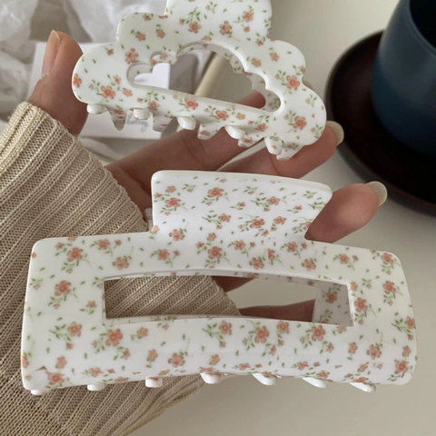 Koreaans Zoet Bloemenprint Acetaat Haarklem Elegante Matte Haarklem Groot Vierkant Wolk Hol Shark Clip Voor Vrouwen