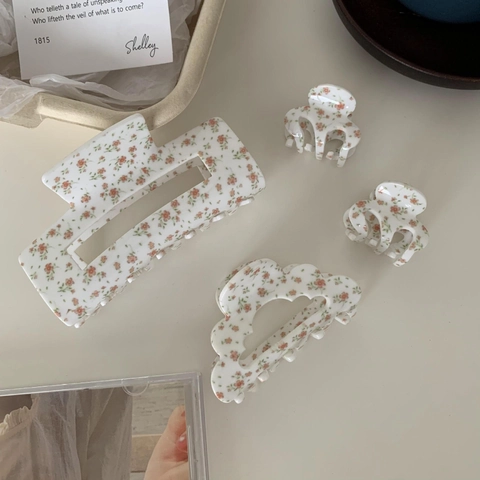Koreaans Zoet Bloemenprint Acetaat Haarklem Elegante Matte Haarklem Groot Vierkant Wolk Hol Shark Clip Voor Vrouwen