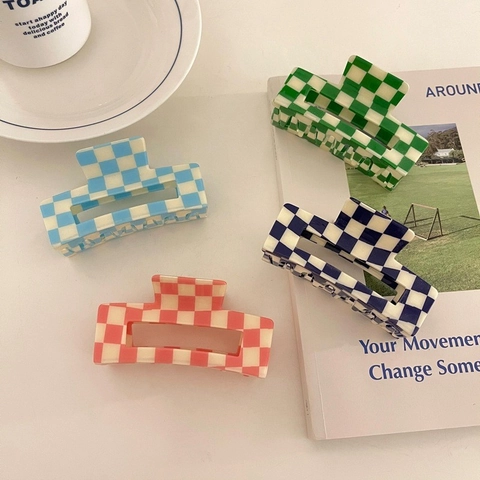 Checkerboard Plaid Acetate Hair Claw Rectangular Hair Clip Large Shark Clip Elegant Ponytail Fixed Grip Korean Style Fashion Hair Accessories For Women