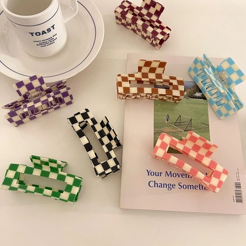 Checkerboard Plaid Acetate Hair Claw Rectangular Hair Clip Large Shark Clip Elegant Ponytail Fixed Grip Korean Style Fashion Hair Accessories For Women