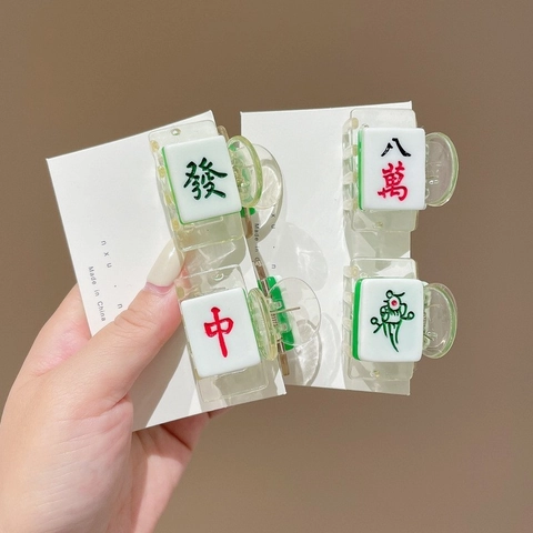 Creative Mahjong Hair Claw Clips For Women Acrylic Fun Chinese Style Hair Accessories Green White Mini Mahjong Tile Hair Clips