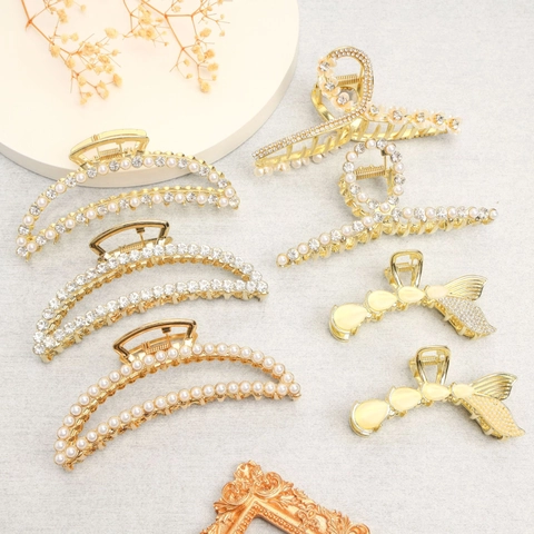 Elegante Fermaglio per Capelli in Lega Con Perle Artificiali E Strass Grande Pinza per Capelli in Metallo per Donna Accessori
