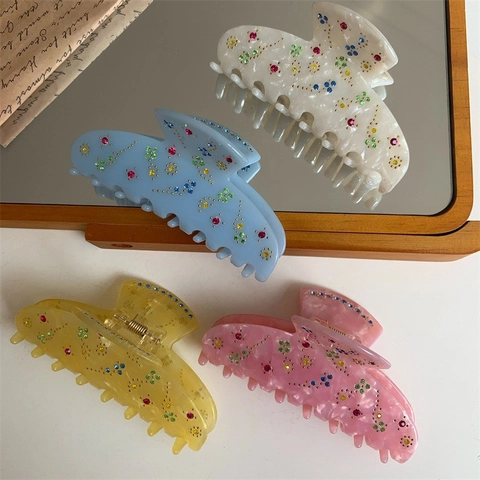 Acetate Rhinestone Flower Hair Claw Clip Elegant Large Shark Clips Vintage Hair Styling Accessories For Women Daily Jewelry