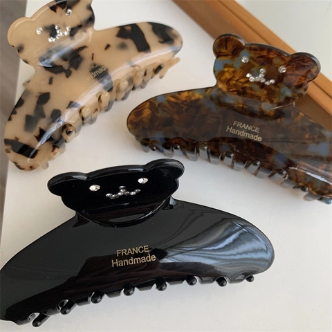 Vintage Bear Shape Acetate Hair Claw Clip With Rhinestone Decorative Leopard Polka Dot Hair Accessories For Women Hair Clip