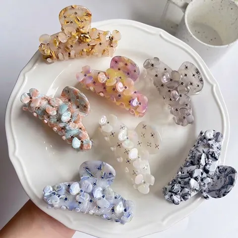 Pinza de Pelo de Flor de Acetato Elegante Coreana Hecha a Mano con Diamantes de Imitación y Perla Artificial para Mujer