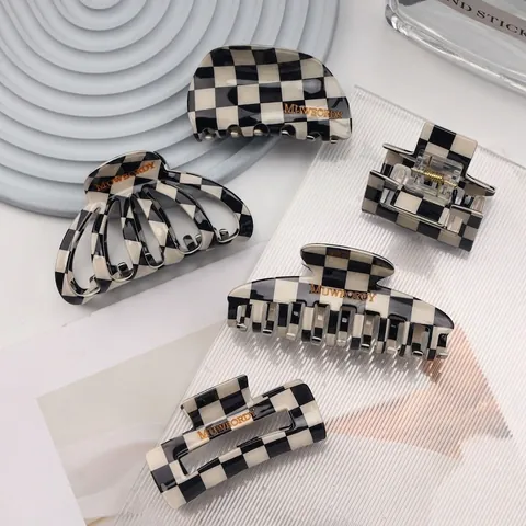 Pinza per Capelli in Acetato a Scacchiera Retrò per Donna Vintage Plaid Quadrato Semitondo Shark Clip Moda Accessori per Capelli Fatti a Mano