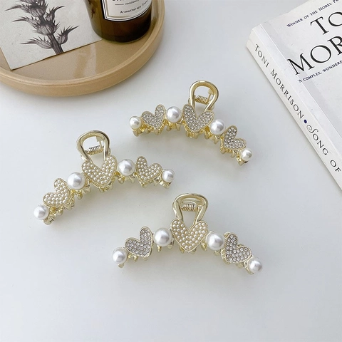 Molletta per Capelli a Artiglio in Lega con Cuore Perle Artificiali e Strass Donna Elegante Oro Accessori per Capelli Moda