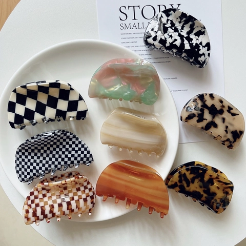 Elegante Acetaat Haarklem Voor Dames Schelpvormig Schaakbord Marmer Luipaardpatroon Haarsieraden