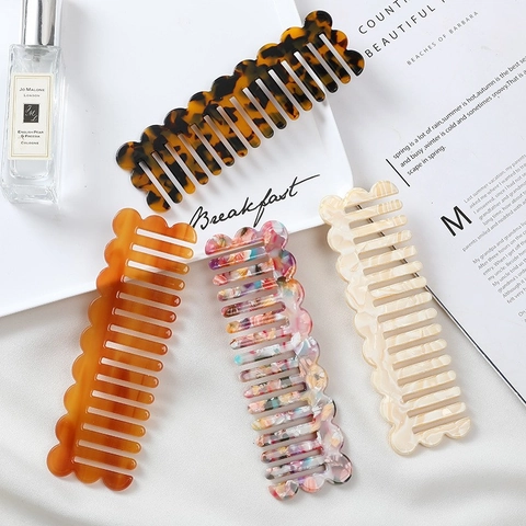 Peine de Acetato Retro para Mujer Antiestático Borde Festoneado Peine de Dientes Anchos Patrón de Mármol Carey Accesorios para el Cabello