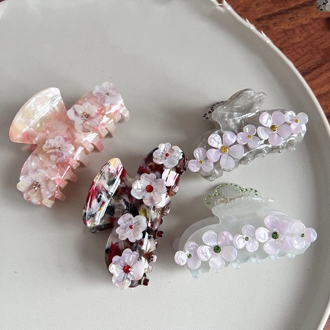 Pinza per Capelli in Acetato con Fiore Stile Coreano Trama Marmo Strass Elegante Fatto a Mano Floreale Accessori per Capelli Donna