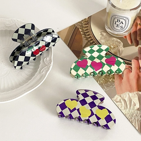 Acetate Checkerboard Hair Claw Clip Vintage Cherry Heart Pattern Large Shark Hair Clip For Women French Hair Accessories