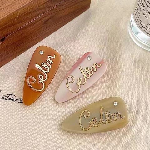Vintage Acetate Water Drop Hair Clip For Women Korean Elegant Marble Texture Duckbill Clip With Rhinestone Cursive Letter