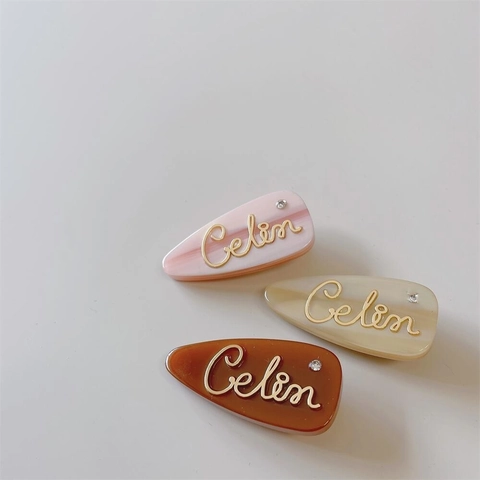 Vintage Acetate Water Drop Hair Clip For Women Korean Elegant Marble Texture Duckbill Clip With Rhinestone Cursive Letter