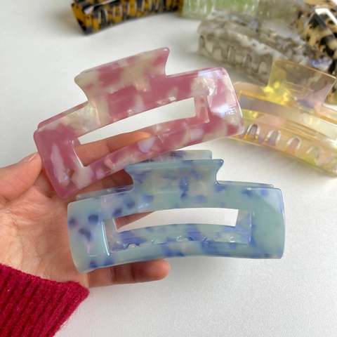 Acetate Hair Claw Clip Retro Square Marble Leopard Print Large Shark Clip Rectangular Hollow Hair Accessories For Women Daily