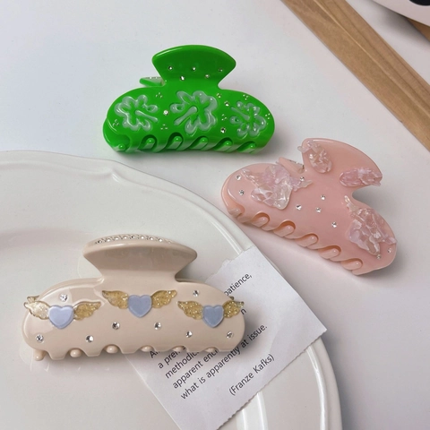 Elegante Molla per Capelli in Acetato con Angelo e Cuore in Strass per Donna Moda Dolce Fatto a Mano Fermaglio per Capelli