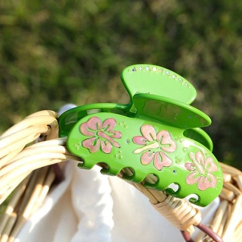 Vintage Grün Acetat Blumen Haarklammer Strass Verziert Shark Clip Haarstyling Accessoire Für Damen Schmuck