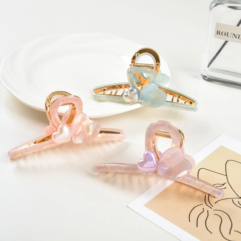 Acetate Heart Hair Claw Clip Aurora Artificial Pearl Finish Large Shark Clip Elegant Alloy Hair Accessory For Women Elegant Hair Styling